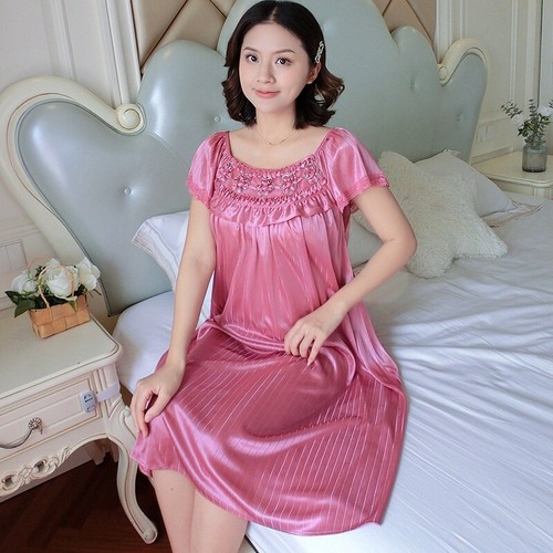 Damen Einfarbig Satin Nachthemd Seidig Nachtwäsche Schleife Kurzarm Nachthemd Elegant - Bild 1 von 22