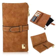 Brown Women Lady Suede Leather Long Wallet Card Holder Purse Handbag Clutch US