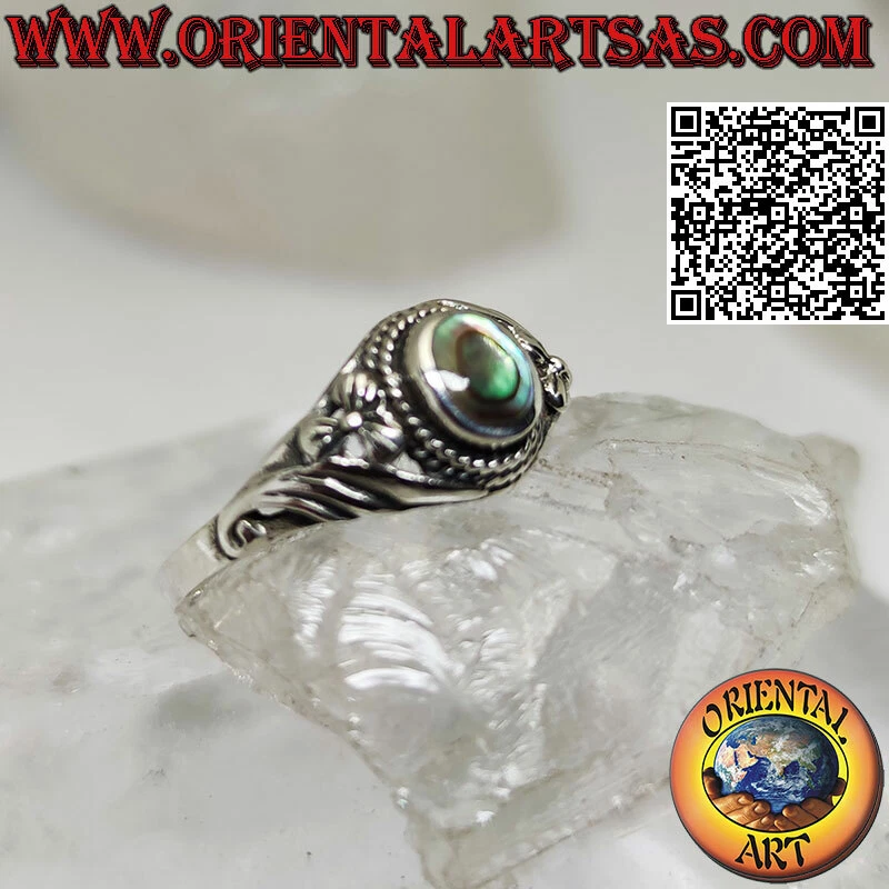 Anello in Argento 925‰ abalone paua shell e decorato con un fiore di lilla sui u - Immagine 2 di 4