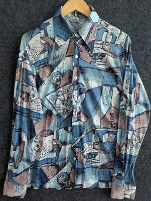 #ad 80s Vintage KMart Abstract Retro Cubist Graphic Long Sleeve Shirt Mens Large USA $12.00