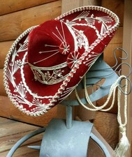 Vintage Sombrero Burgundy Silver Hand Strung Horseshoe Design Mexican Siesta Hat