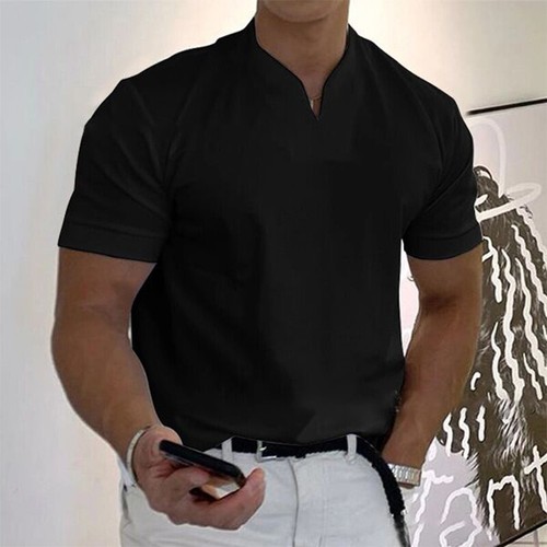 Men Short Sleeve V neck Shirts Summer Solid Loose Casual Dress Shirt Blouse Tops - Picture 9 of 35