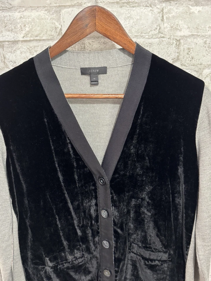 Cárdigan Suéter J Crew Harlow Gris y Negro Terciopelo Mezcla Lana Merino Talla Mediana Foto 3 de 4