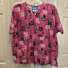 Women  s H.Q. High Quality Basics Floral Scrub Top Size M Pink Black White