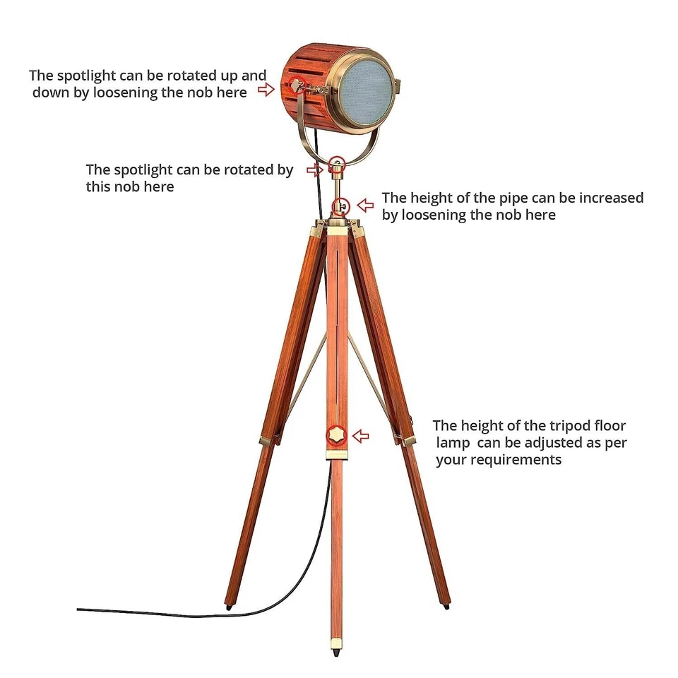 Lámpara de pie de madera con foco trípode marrón reflector modo decoración hogar/oficina Foto 4 de 4