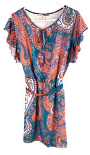 Forever 21 women's lined turquoise/orange paisley short belt dress size L