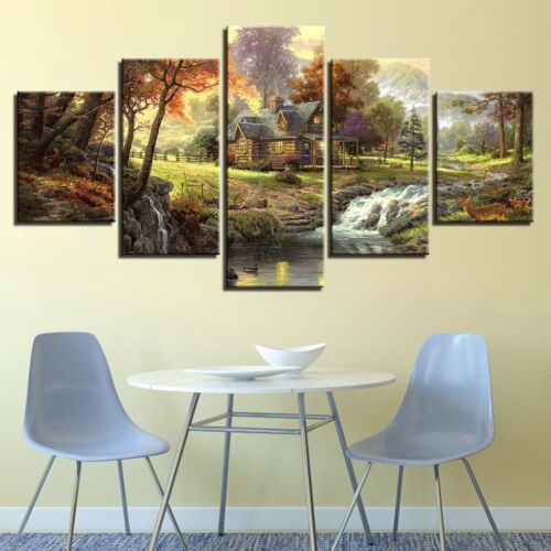 Forest Trees House Stream Landscape Canvas Print Painting Wall Art Home Decor 5P - Picture 2 of 5