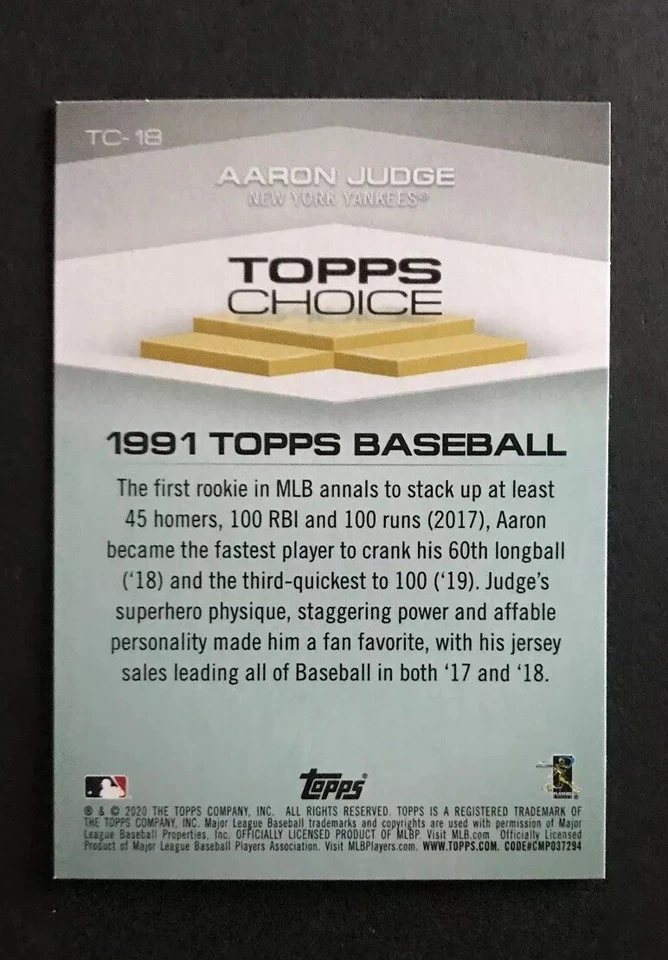 2020 TOPPS SERIES 1 TOPPS CHOICE 1991 INSERT BLUE AARON JUDGE YANKEES #TC-18 LOT - Image 4 of 4