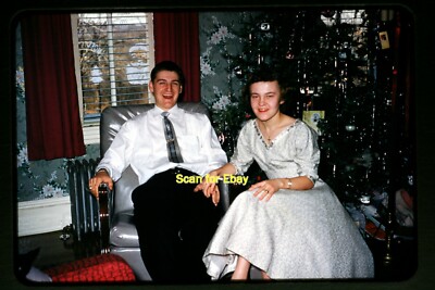 Young Man & Woman during Christmas in 1957, Original Kodachrome Slide aa 1-7b