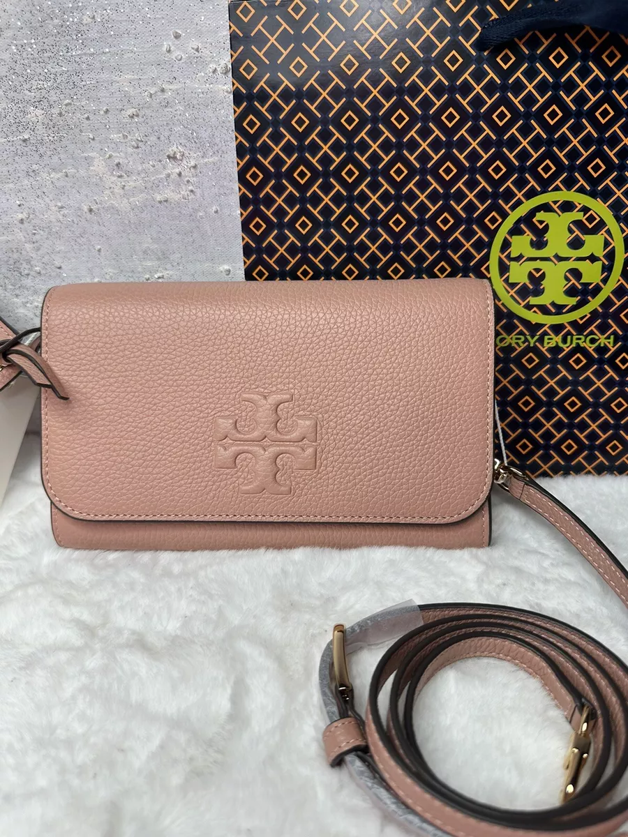 NWT Tory Burch Thea Flat Wallet Pebbled Leather Crossbody In Pink Moon Color