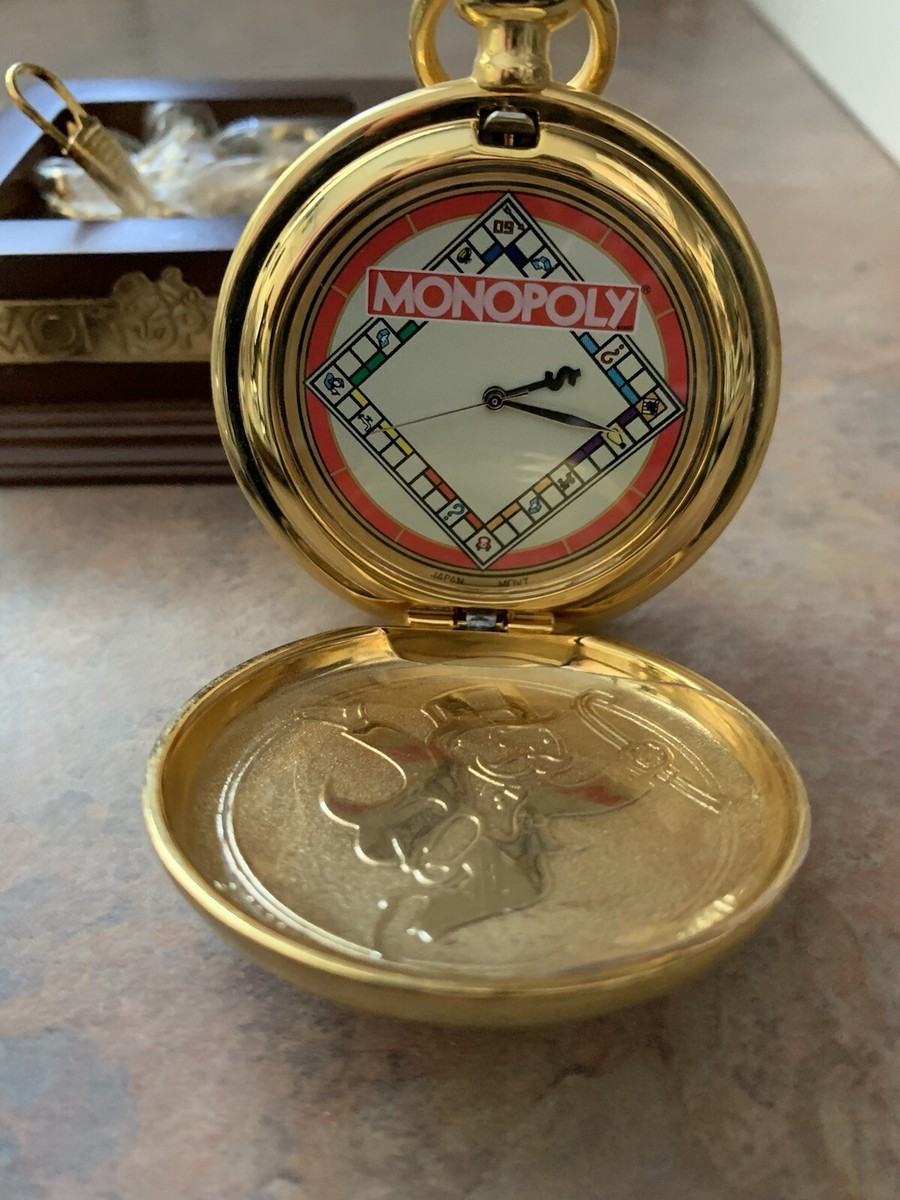 Vintage Rare Monopoly Pocket Watch Franklin Mint With Chain & Box