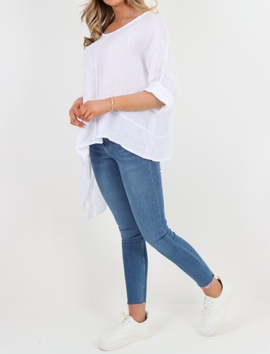 Womens Italian Lagenlook Linen Distress Pocket Asymmetric Linen Plus Size Top - Picture 27 of 29