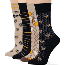 Women Cotton Crew Socks-4 Pack Medium- Busy Bees Stripe-Black Beige Yellow