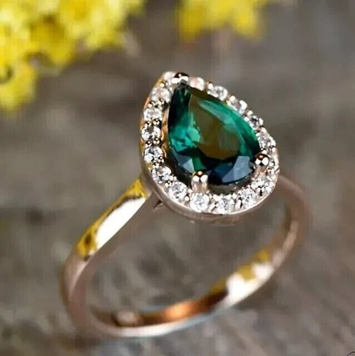 Anillo para mujer con halo de esmeralda verde simulado corte pera de 3 quilates enchapado en oro amarillo de 14 k - Imagen 5 de 5