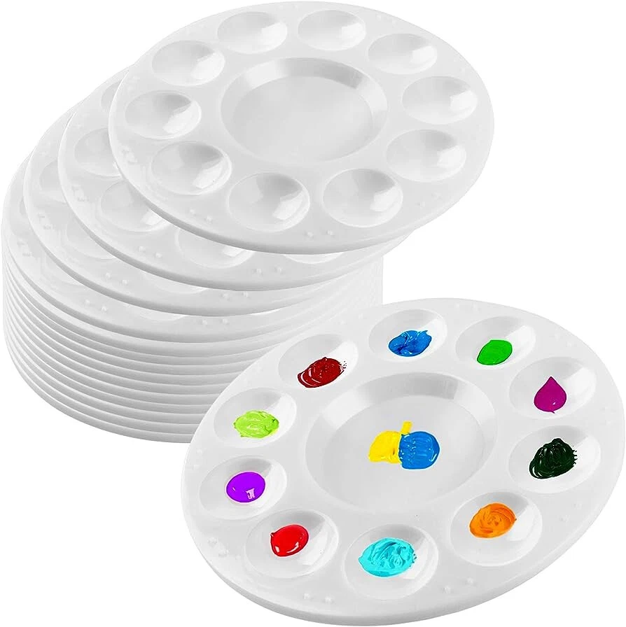 Round Plastic Paint Tray Palette for Kids or Students, 3 or 12 pcs