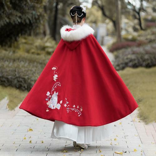 Vintage Style Embroidered Winter Cloak Jacket Womens Faux Fur Hooded Cape Coat - Picture 15 of 17