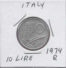 ITALIA 10 LIRE 1974R ARATRO UNC,DUE SPIGHE DI GRANO DIVIDENDO PER VALORE,LETTERATURA;ABO