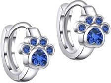 Pet Cat Paw Hoop Earrings Simulated Blue Sapphire 14K Gold Plated Silver