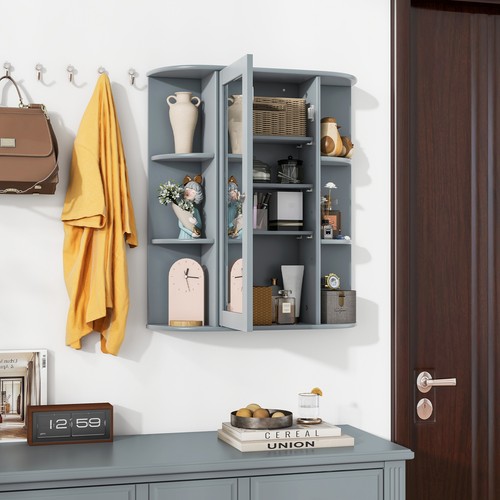 Costway Wall Mount Cabinet Single Door Shelves Bathroom Cabinet W/ Mirror Grey - Picture 5 of 8
