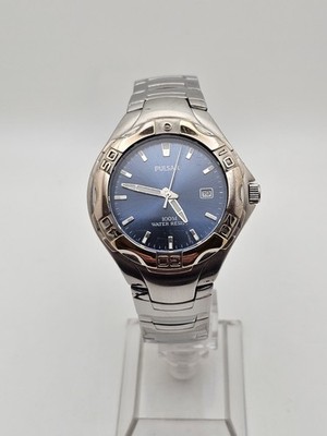 Pulsar Watch Mens 38mm Date Blue Dial Silver Tone 8'' Rotating Bezel New Battery