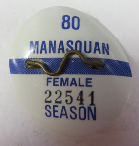Vintage 1980 MANASQUAN New Jersey Beach Tag Metal Badge Female Season