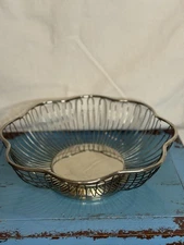 Vintage Flower Shaped Silver Plated Wire Basket Scalloped Edge Pedestal Base
