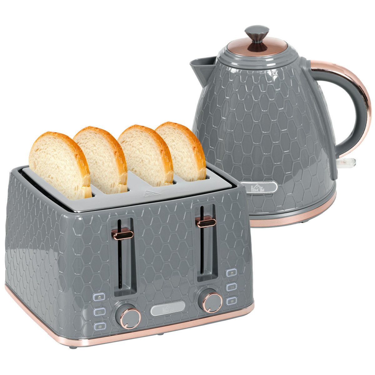 HOMCOM Kettle and Toaster Set 1.7L Jug Kettle 4 Slice Toaster Grey | 3000W, Fast Boil, Auto Shut Off, 7 Level Browning Controls, Crumb Tray, UK Otter Thermostat - Image 2