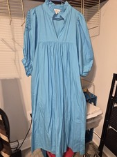 Never A Wallflower Blue Cotton Ruffle Neck Puff Sleeve Maxi Dress Sz XL Pockets
