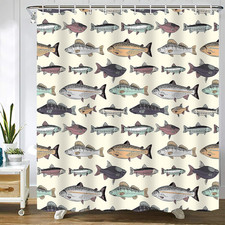 Fish Shower Curtain Blue Vintage Fishes Drawing Salmon Trout Fishing Shower Curt