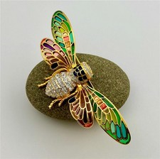 Joan Rivers Vibrant Plique-a-Jour Stained Glass Clear Crystals Cicada Bug Brooch