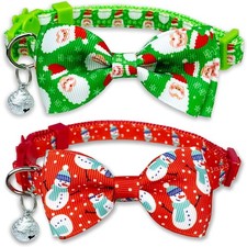 Christmas Cat Bow Tie Collar with Bell, 2 Pack Holiday Kitty Kitten Santa and