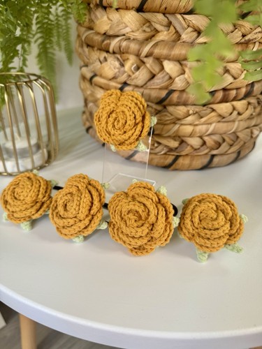 Handmade Crochet Mustard Yellow Rose Hair Ties – Beautiful 3D Flower Design - Picture 7 of 7