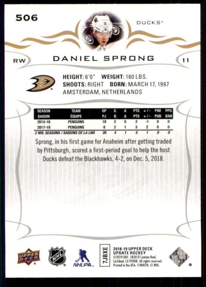 2018-19 SP AUTHENTIC 2018-19 UPPER DECK UPDATE DANIEL SPRONG ANAHEIM DUCKS #506 - Image 2 of 2