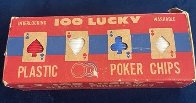 Vintage 100 Lucky Plastic Poker Chips Full Set USA Interlocking w Box Red Blue
