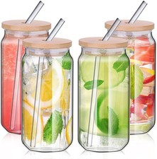 480ml Can Shaped Glass Cups Set, Drinking Glasses with Bamboo Lids and Glass