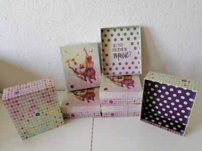 Bastelbox 5x Glossybox Elephant do you belive in Magic bunter Karton mit Deckel 