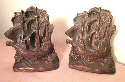 pair antique Armor bronze co. nautical invincible armada sail ship clad bookends