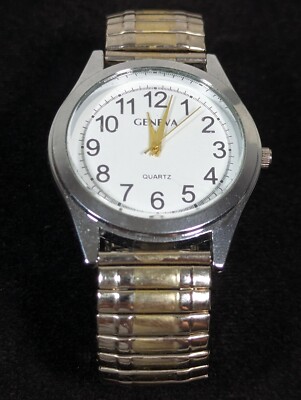 Geneva Mens White Dial Round Silver Tone Case Two Tone Stretch Band Watch