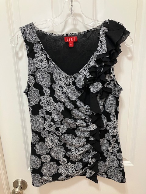 Elle Women's Shirt Size Medium White/Black Sheer Blouse Ruffles Layered