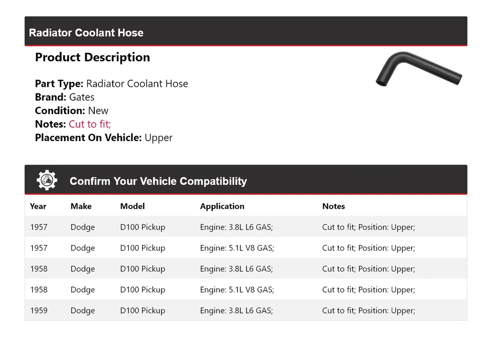 Manguera de refrigerante de radiador para camioneta Dodge D100 1957-1959 puertas superiores 1958 Foto 2 de 4