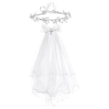 Girls Communion Bow and Dangle Cross Charm with 24 Inch Veil on Hair Combwith...