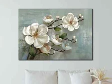 Elegant White Flowers on Grey Painting Wall Art Canvas Unframed Print Art