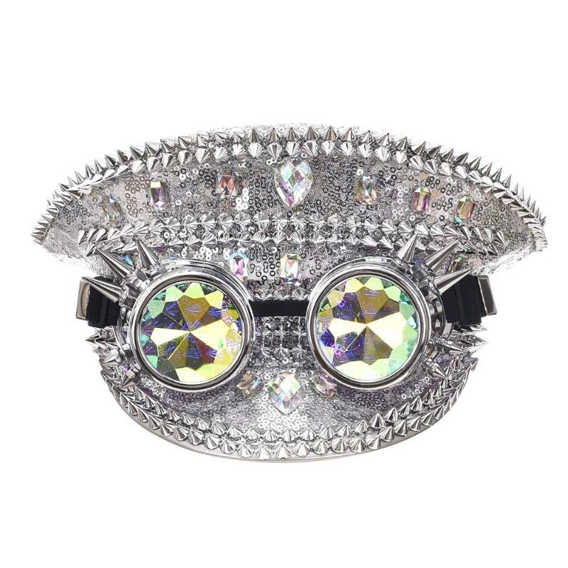 Donna Lustrini Strass Capitano Cappello Rave Party Festival Cosplay Eseguire Oro - Immagine 4 di 4