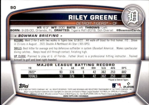 2023 BOWMAN BASE PAPER RC #90 RILEY GREENE DETROIT TIGERS ROOKIE CARD - Picture 2 of 2
