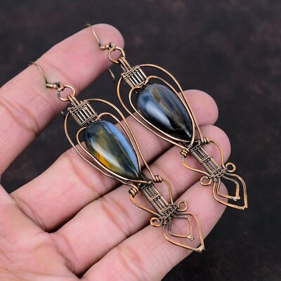 Gift For Her Copper Pietersite Jewelry Wire Wrapped Drop/Dangle Earrings 3.94''
