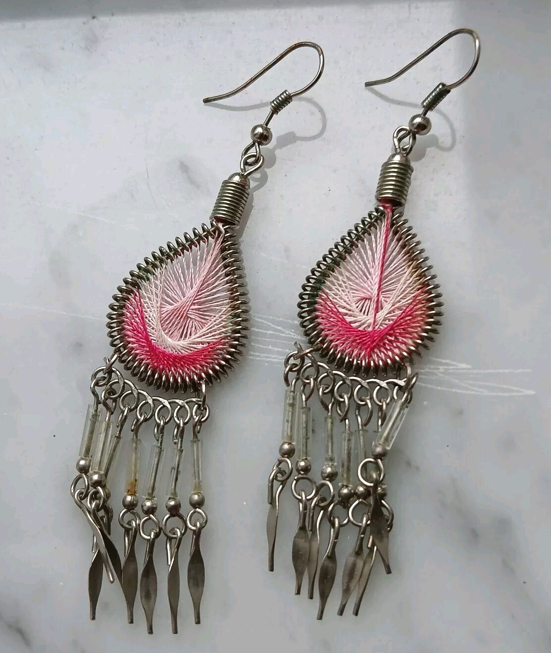 Peruvian Pink Silk Thread Beaded Dangle Earrings … - image 1