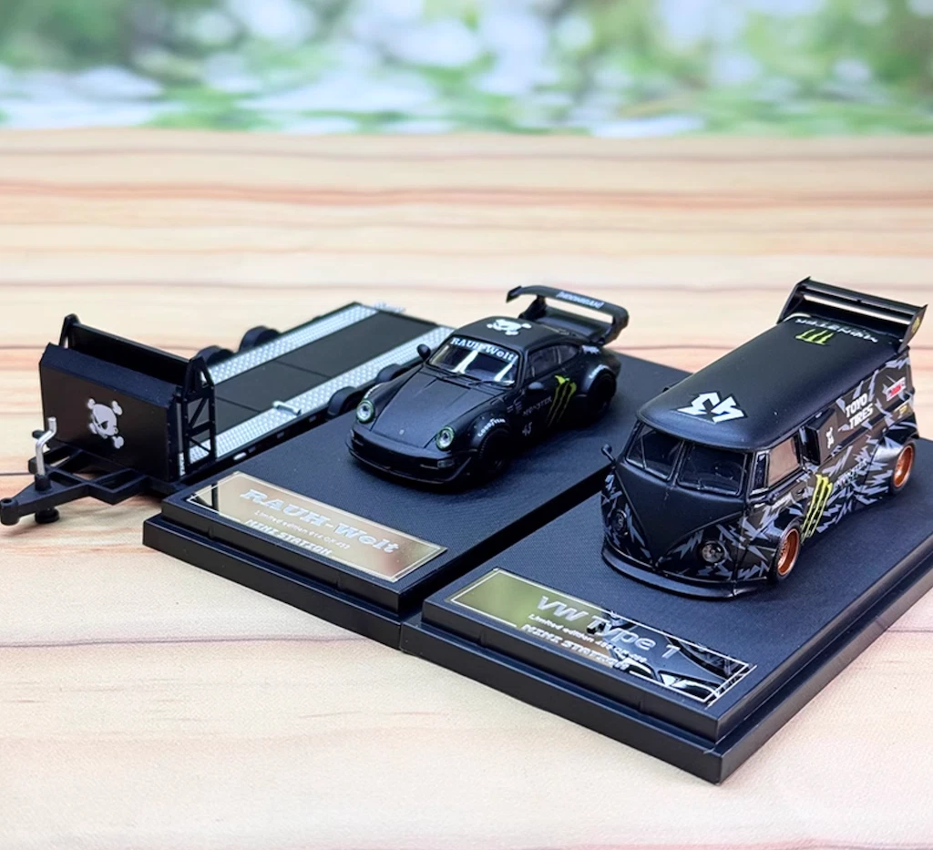 MS 1:64 Black VW T1 Van RWB 964 Flatbed Trailer Model Diecast Metal Car