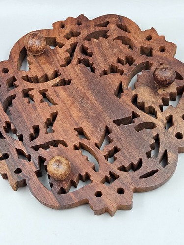 Vtg Sheesham Carved Wood Two Trivets Plant Stands 1 Square 1 Round w/Brass Inlay - Picture 7 of 20