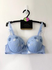 New Papaya Stunning Light Blue Embroidered Flower Plunge Bra Size 34A