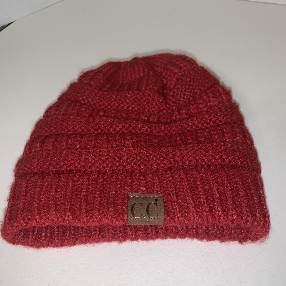 CC Beanie Hat Cap Womens Red Stretch Fit Chunky Cable Knit